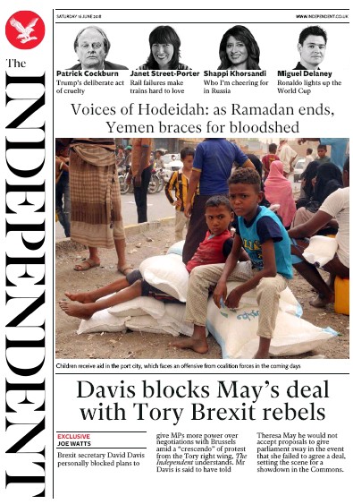 The Independent (UK) Newspaper Front Page for 16 June 2018