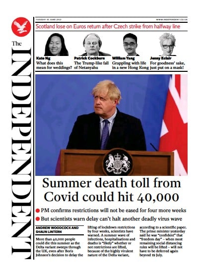 The Independent (UK) Newspaper Front Page for 16 June 2021