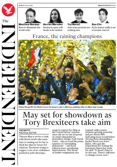 The Independent Newspaper Front Page for 16 July 2018