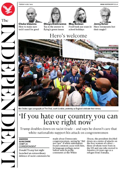 The Independent Newspaper Front Page for 16 July 2019