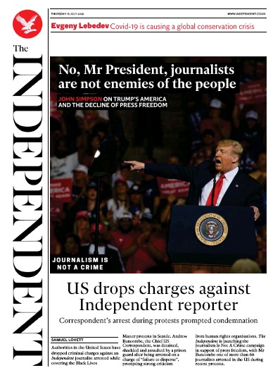 The Independent (UK) Newspaper Front Page for 16 July 2020