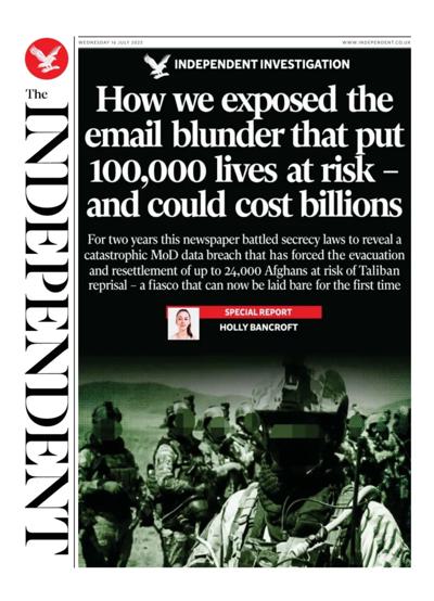 The Independent (UK) Newspaper Front Page for 16 July 2025