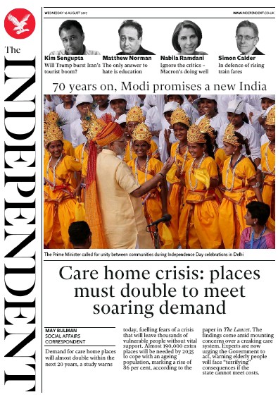 The Independent Newspaper Front Page for 16 August 2017