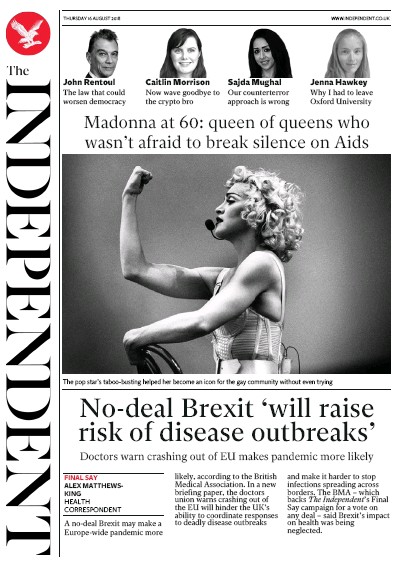 The Independent Newspaper Front Page for 16 August 2018