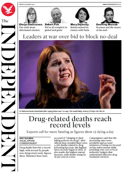 The Independent Newspaper Front Page for 16 August 2019