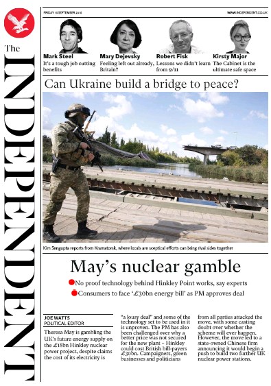 The Independent Newspaper Front Page for 16 September 2016