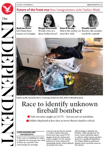 The Independent Newspaper Front Page for 16 September 2017