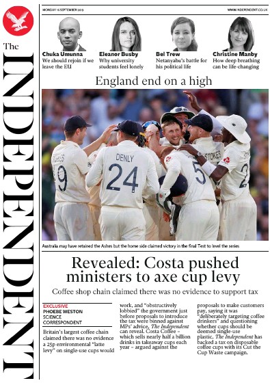 The Independent Newspaper Front Page for 16 September 2019