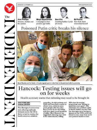 The Independent Newspaper Front Page for 16 September 2020