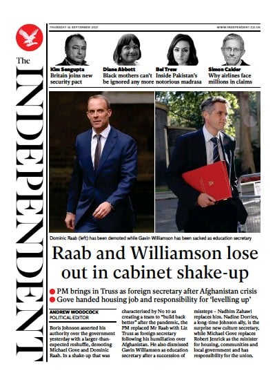 The Independent (UK) Newspaper Front Page for 16 September 2021