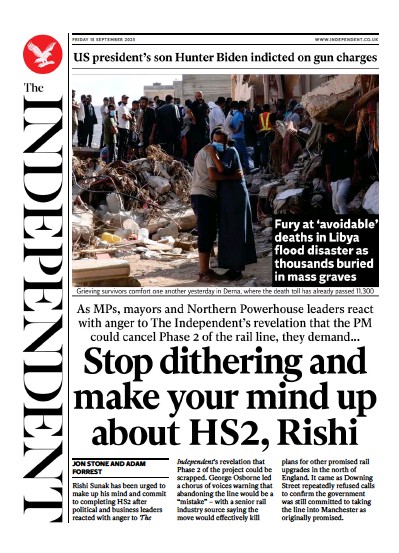 The Independent (UK) Newspaper Front Page for 16 September 2023