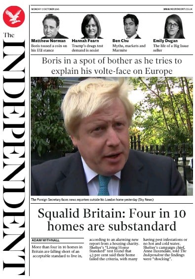 The Independent Newspaper Front Page for 17 October 2016