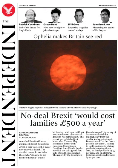 The Independent Newspaper Front Page for 17 October 2017