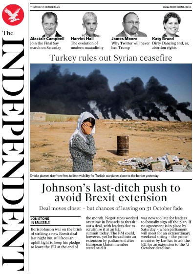 The Independent (UK) Newspaper Front Page for 17 October 2019