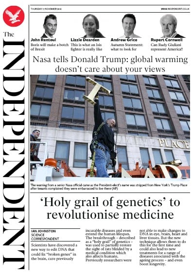 The Independent Newspaper Front Page for 17 November 2016