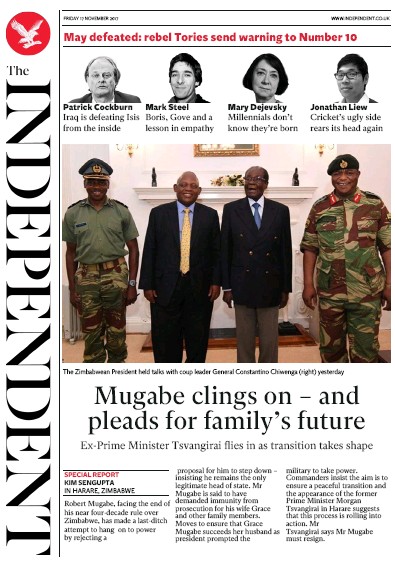 The Independent Newspaper Front Page for 17 November 2017