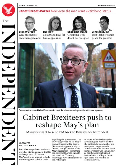 The Independent Newspaper Front Page for 17 November 2018