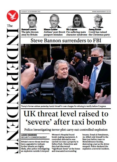 The Independent (UK) Newspaper Front Page for 17 November 2021