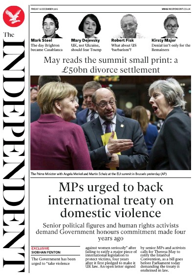 The Independent Newspaper Front Page for 17 December 2016