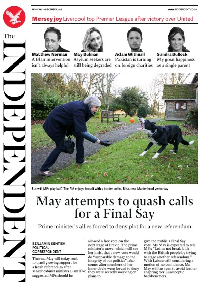 The Independent Newspaper Front Page for 17 December 2018