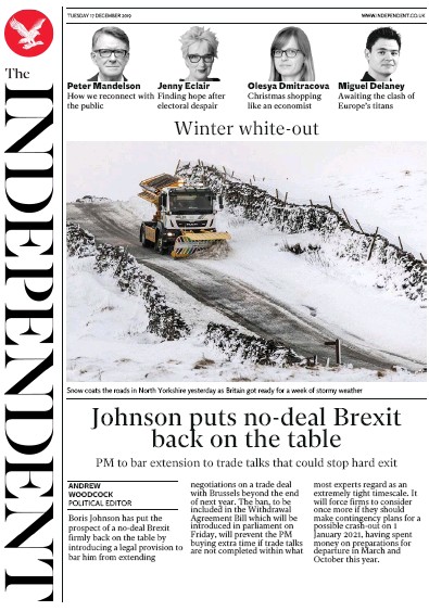 The Independent Newspaper Front Page for 17 December 2019