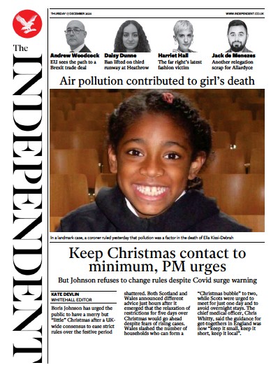 The Independent Newspaper Front Page for 17 December 2020