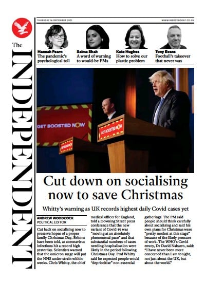 The Independent (UK) Newspaper Front Page for 17 December 2021