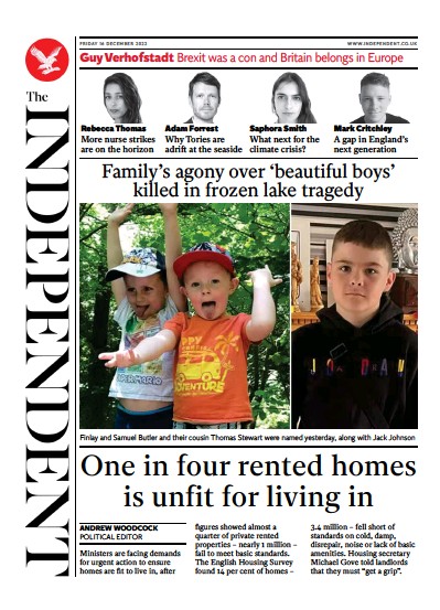 The Independent Newspaper Front Page for 17 December 2022
