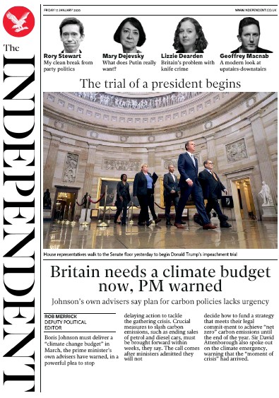 The Independent Newspaper Front Page for 17 January 2020