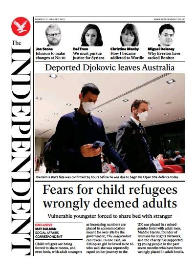 The Independent (UK) Newspaper Front Page for 17 January 2022