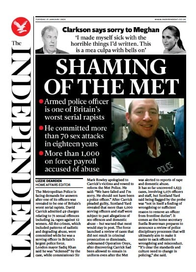 The Independent (UK) Newspaper Front Page for 17 January 2023