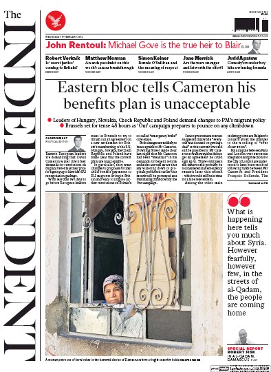 The Independent (UK) Newspaper Front Page for 17 February 2016