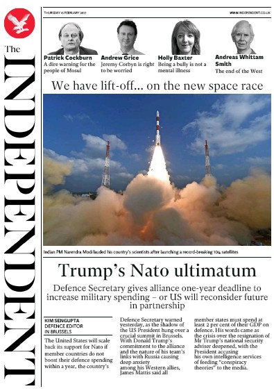 The Independent Newspaper Front Page for 17 February 2017