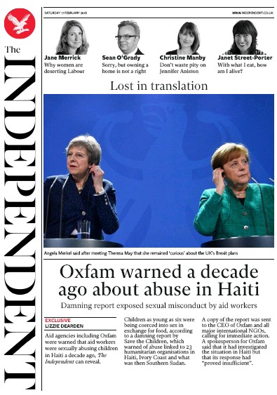 The Independent (UK) Newspaper Front Page for 17 February 2018