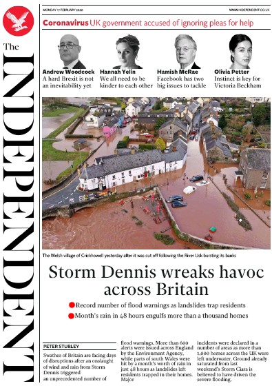 The Independent Newspaper Front Page for 17 February 2020