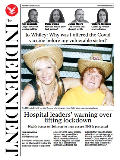 The Independent Newspaper Front Page for 17 February 2021