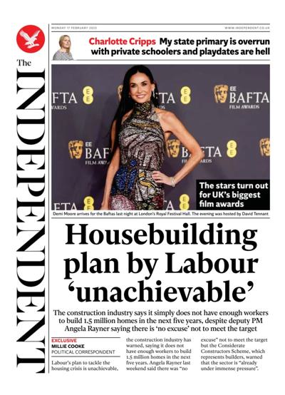 The Independent (UK) Newspaper Front Page for 17 February 2025