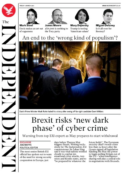 The Independent (UK) Newspaper Front Page for 17 March 2017