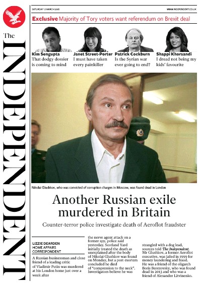 The Independent Newspaper Front Page for 17 March 2018
