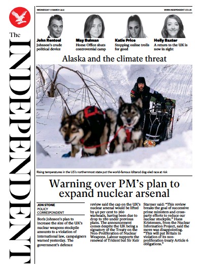 The Independent (UK) Newspaper Front Page for 17 March 2021