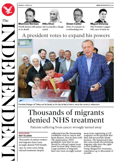 The Independent Newspaper Front Page for 17 April 2017