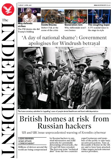 The Independent Newspaper Front Page for 17 April 2018