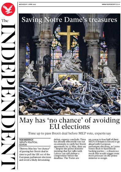 The Independent (UK) Newspaper Front Page for 17 April 2019