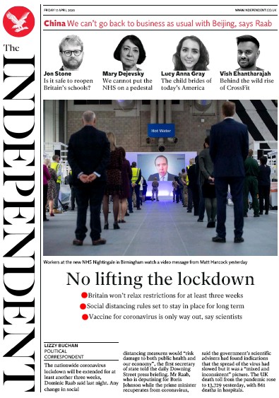 The Independent Newspaper Front Page for 17 April 2020