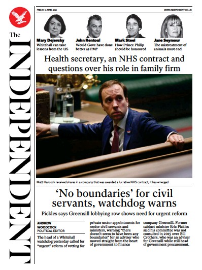 The Independent (UK) Newspaper Front Page for 17 April 2021
