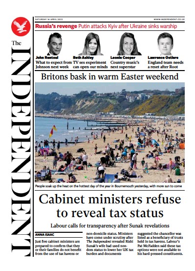 The Independent Newspaper Front Page for 17 April 2022