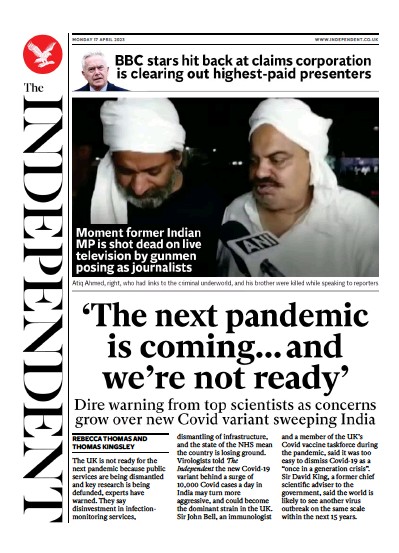 The Independent (UK) Newspaper Front Page for 17 April 2023
