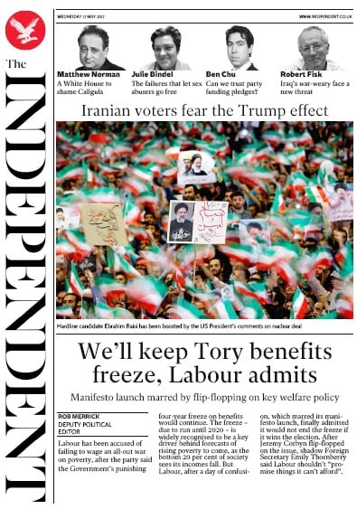 The Independent Newspaper Front Page for 17 May 2017