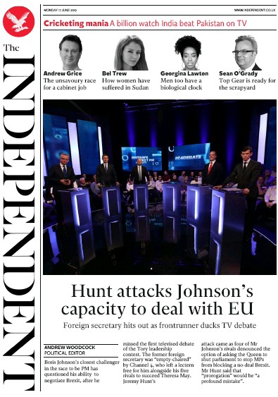 The Independent Newspaper Front Page for 17 June 2019