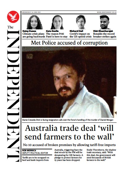 The Independent (UK) Newspaper Front Page for 17 June 2021